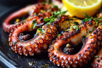 Close-up of grilled octopus tentacles charred to perfection, garnished with fresh lemon slices and green herbs on a rustic plate. Concept of seafood cuisine, culinary art and fine dining.