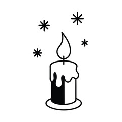 Festive winter scene featuring a warmly burning candle with dripping wax and delicate snowflakes falling around it