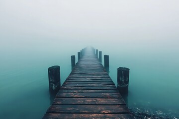 Fototapeta premium cinematic view of a foggy pier stretching into an endless ocean with muted dawn colors