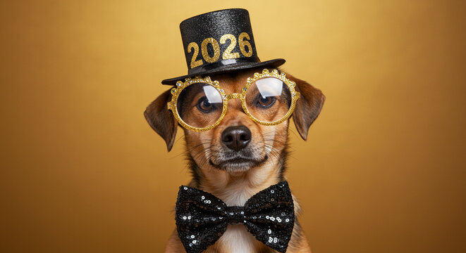 Dachshund crossbreed dog dressed for new year 2026 celebration, sporting a miniature top hat and