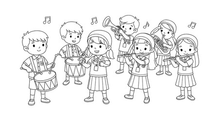 Children playing musical instruments in a marching band isolated on transparent background