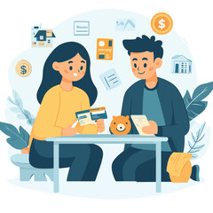 A man and woman discussing finances at a table with money, credit card, piggy bank, and house icons around them, flat style on white background