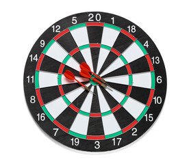 Board with darts on white background