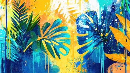 Abstract tropical leaves illustration in vibrant yellow, blue, white, and green hues