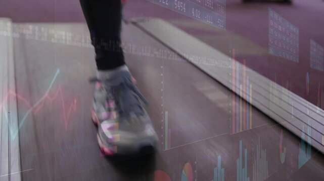 Starting treadmill propelling runner's feet striking, pushing off, swinging while showing metrics