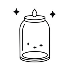 Whimsical illustration of a glowing candle in a glass jar surrounded by twinkling stars on a clean white background