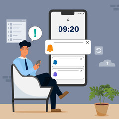 Man checking mobile alert message flat design