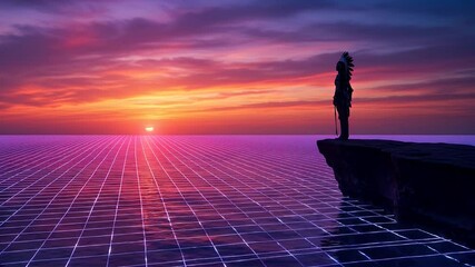 Native American Silhouette at Sunset Over Digital Ocean - Powered by Adobe