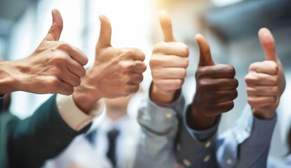 A group of people extending their thumbs up in a "gesture of approval," used for corporate internal promotional materials and team motivation concepts.
