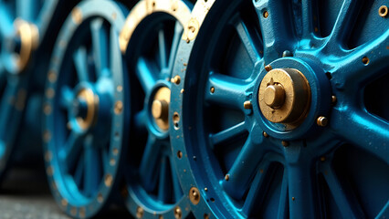 Obraz premium Close-up of intricate cock wheels bathed in a vibrant blue light. Focus on the detailed mechanisms and textures.