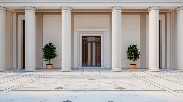 Elegant neoclassical building entrance with tall columns, symmetrical design, potted plants, and ornate marble flooring. - Powered by Adobe