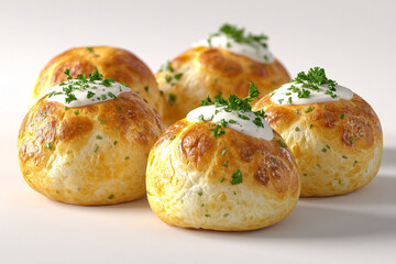 A photorealistic Brazilian pão de queijo with golden cheesy buns