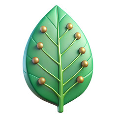 3D Green Leaf with Golden Nodes Symbolizing Eco Technology and Sustainable Innovation 