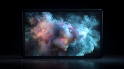 Professional digital tablet device mockup presentation showcasing a vibrant abstract flowing colorful smoke and ink art simulation on screen dynamic modern technology display