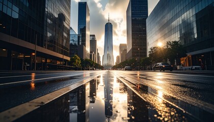 Urban street gleams after a rain shower, city buildings reflected in the wet asphalt at sunset light