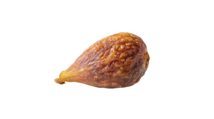 Close up of a single dried fig fruit with textured skin isolated on transparent background