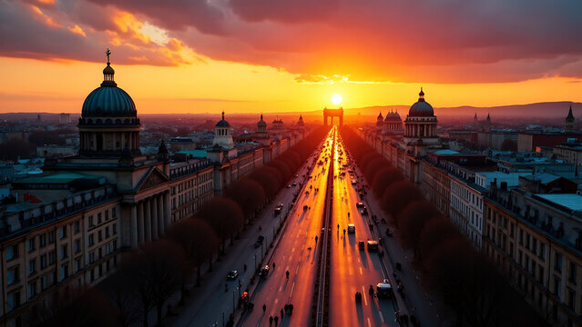 Panoramic view of Berlin at sunset, vibrant colors, detailed architecture, golden hour light, historical buildings, Brandenburg Gate visible in the distance,  city skyline, people silhouettes,  clouds - Powered by Adobe