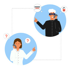 Fraudster using fake identity in phone call flat design