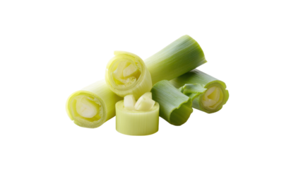Freshly cut green onion stalks with visible layers isolated on transparent background