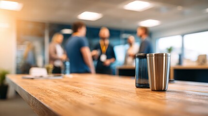 Obraz premium Group of professionals engaging in conversation in a modern office with coffee cups on a table