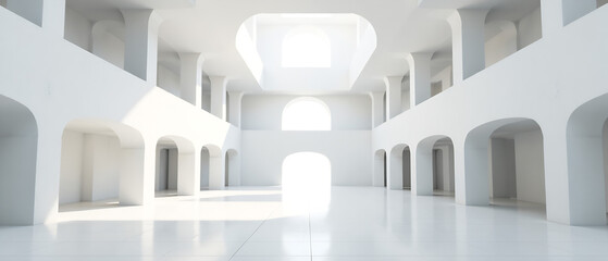 A stunning, empty, white architectural space.  Clean lines and geometric shapes dominate.  Focus on the interplay of light and shadow.  High-resolution, photorealistic render.