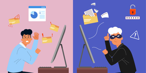 Hacker breaking firewall and attacking personal computer vector illustration