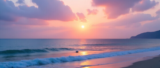 A serene sunrise over a calm ocean with soft pastel colors in the sky. 