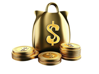 Golden bag filled with coins symbolizes wealth and prosperity, showcasing luxurious lifestyle. shiny coins and bag create appealing visual for financial themes