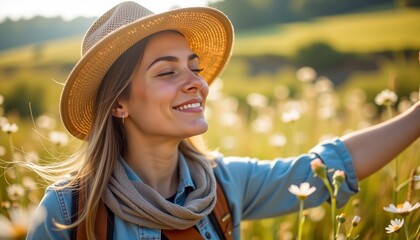A young woman wearing a hat and scarf enjoys a sunny day in a blooming meadow, smiling with eyes closed amidst wildflowers.