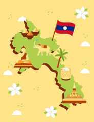 Laos map with traditional food and local dishes vector illustration