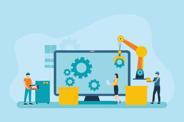 escription: A group of people working together on a large screen that displays gears and code. The setup suggests teamwork in software development or system configuration.
Key Elements:
People collabo