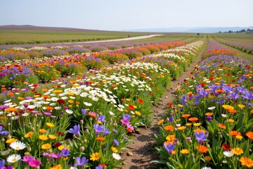 Vibrant rows of multicolored flowers bloom in a vast field under a clear sky, creating a picturesque and colorful landscape.