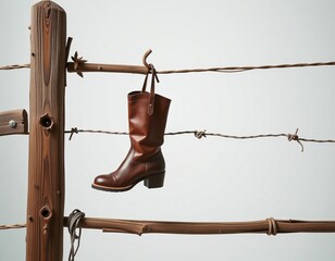 A single brown leather boot hangs from a rustic wooden post wrapped with barbed wire against a plain background.