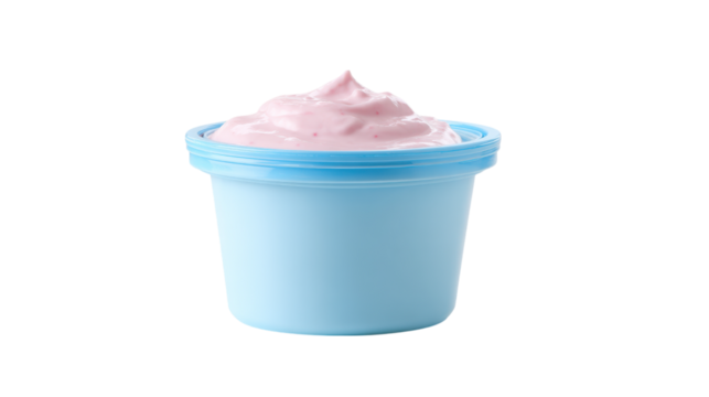 Pink strawberry yogurt in a light blue container isolated on transparent background