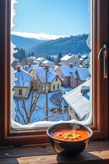 A cozy bowl of steaming soup sits on a windowsill, overlooking a snowy village and forested hills under a clear blue sky.
