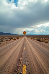 A long, straight desert road with a caution sign under a dramatic cloudy sky, stretching towards distant mountains on the horizon.