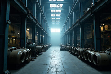 Massive industrial warehouse filled with steel pipes, heavy machinery, and bright lighting.  Focus on intricate details of the pipes and machinery.