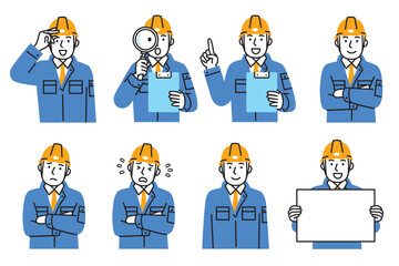 作業服を着てヘルメットを被った男性作業員のシンプルなイラストセット