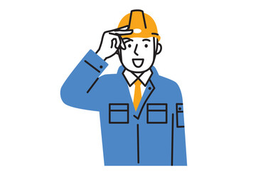 作業服を着てヘルメットを被って挨拶をする男性作業員のシンプルなイラスト