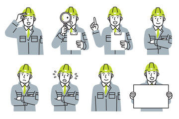 作業服を着てヘルメットを被った男性作業員のシンプルなイラストセット