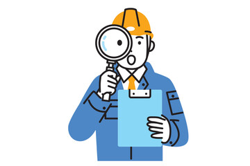 作業服を着て虫眼鏡で検査する男性作業員のシンプルなイラスト