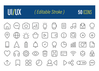 UI/UX Line Icon Set – 50 Editable Stroke Icons for Web & App Design. Linear icon collection. Vector illustration collection.