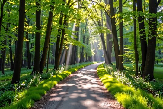 A sunlit forest path winds through tall trees with lush green foliage, casting dappled shadows on the ground under bright, clear daylight.