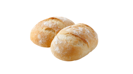 Two golden brown crusty bread rolls dusted with flour isolated on transparent background