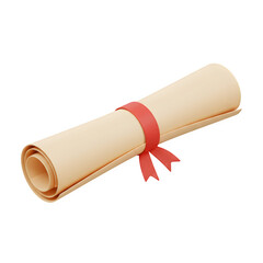 3D Scroll of Graduation Diploma with Ribbon – Education Certificate Concept, Isolated on White or Transparent Background