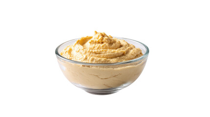 Creamy hummus in a glass bowl isolated on transparent background