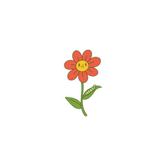 An icon of a red flower with a smiling face and a green caterpillar crawling on its stem, symbolizing growth, life cycles, and early stages of nature.