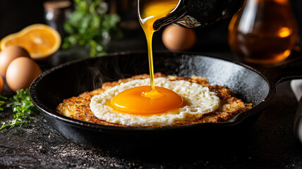 Egg Yolk Pouring into Cast Iron Skillet.
