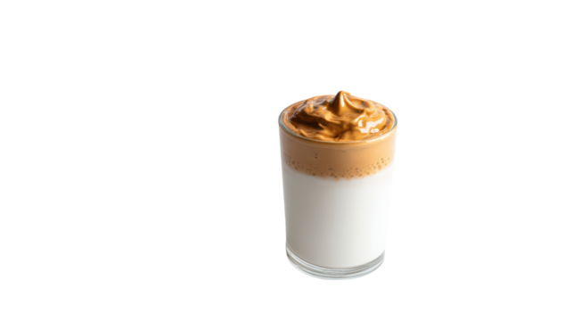 Delicious dalgona coffee with whipped foam in a clear glass isolated on transparent background