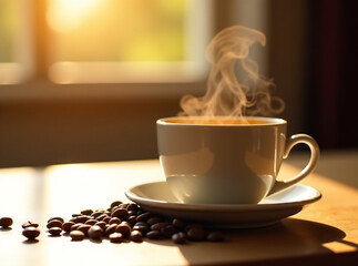 Cozy coffee setup with beans and steam rising by a sunny window, warm lighting, focus on details.